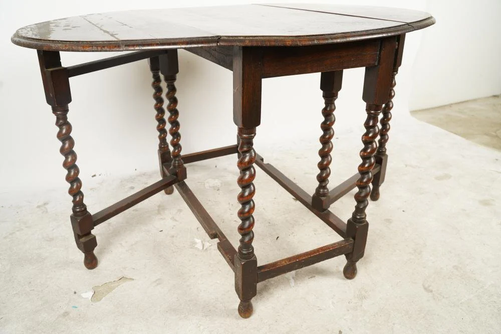 AF1-112: Antique Late 18th Century American Oak Barley Twist Gate Leg Drop Leaf Dining Table - Image 10