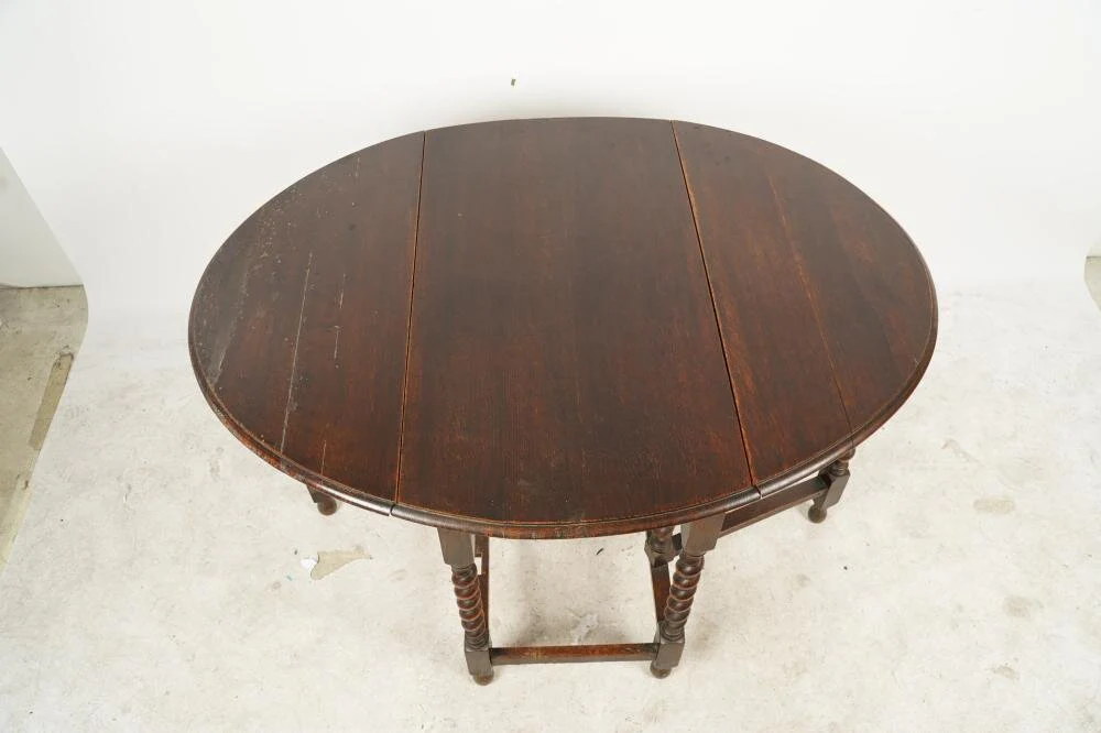 AF1-112: Antique Late 18th Century American Oak Barley Twist Gate Leg Drop Leaf Dining Table - Image 7
