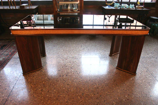 AF1-237: Circa 1930's French Art Deco Walnut Table Desk w/ Black Glass Top - Image 3