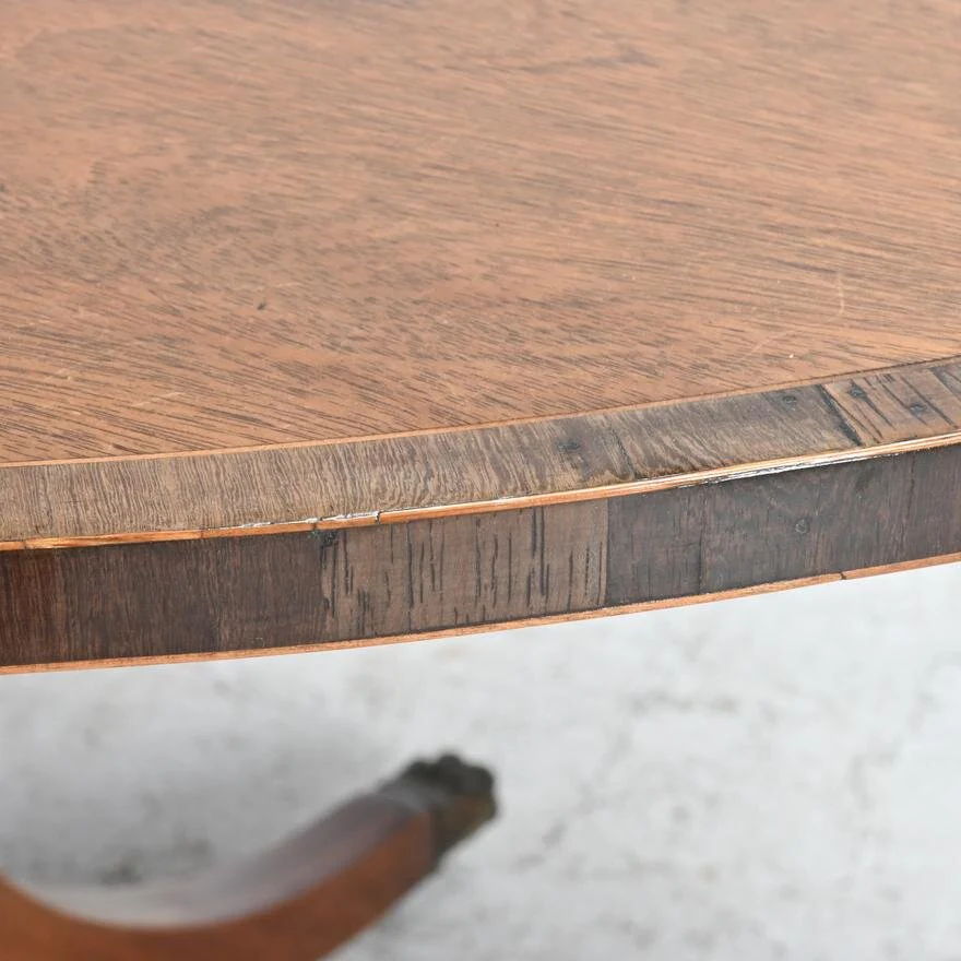 AF1-275: Antique Georgian Mahogany Oval Tilt Top Pedestal Dining Table With Rosewood Cross Banding and Line Inlay - Image 3