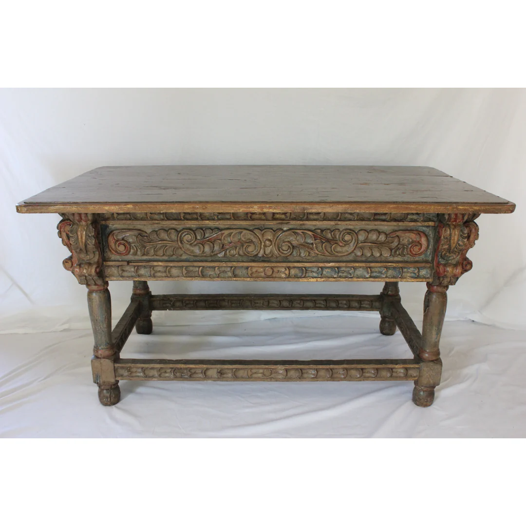 AF1-371: Antique Polychrome Decorated Carved Spanish Colonial Oak Refectory Table Circa 1750 - Image 7