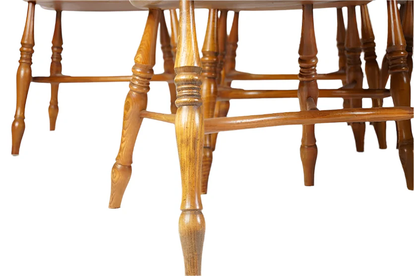 AF2-105: Antique Set of 8 Early 20th Century Oak Bow Back and Sack Back Windsor Chairs - Image 10