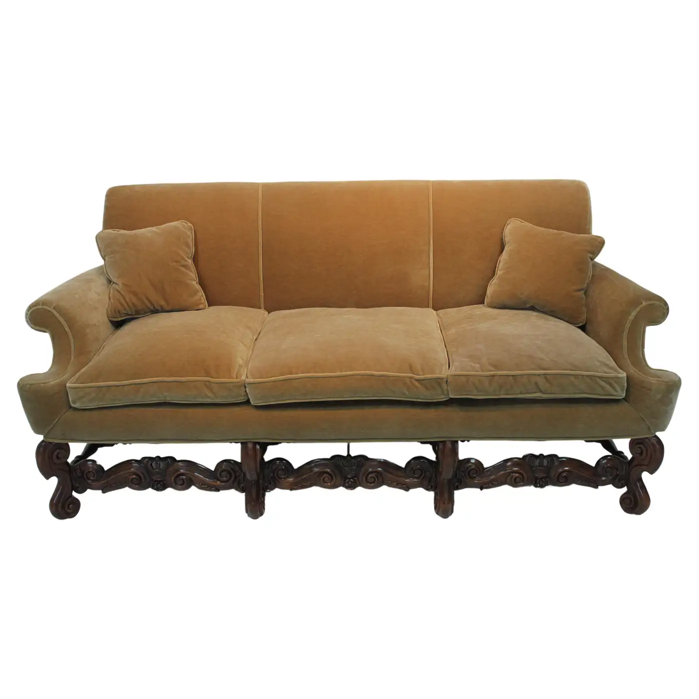 AF2-125: Antique Pair of Early 20th Century Charles II Style Carved Walnut Sofas w/ Mohair Upholstery - Image 7