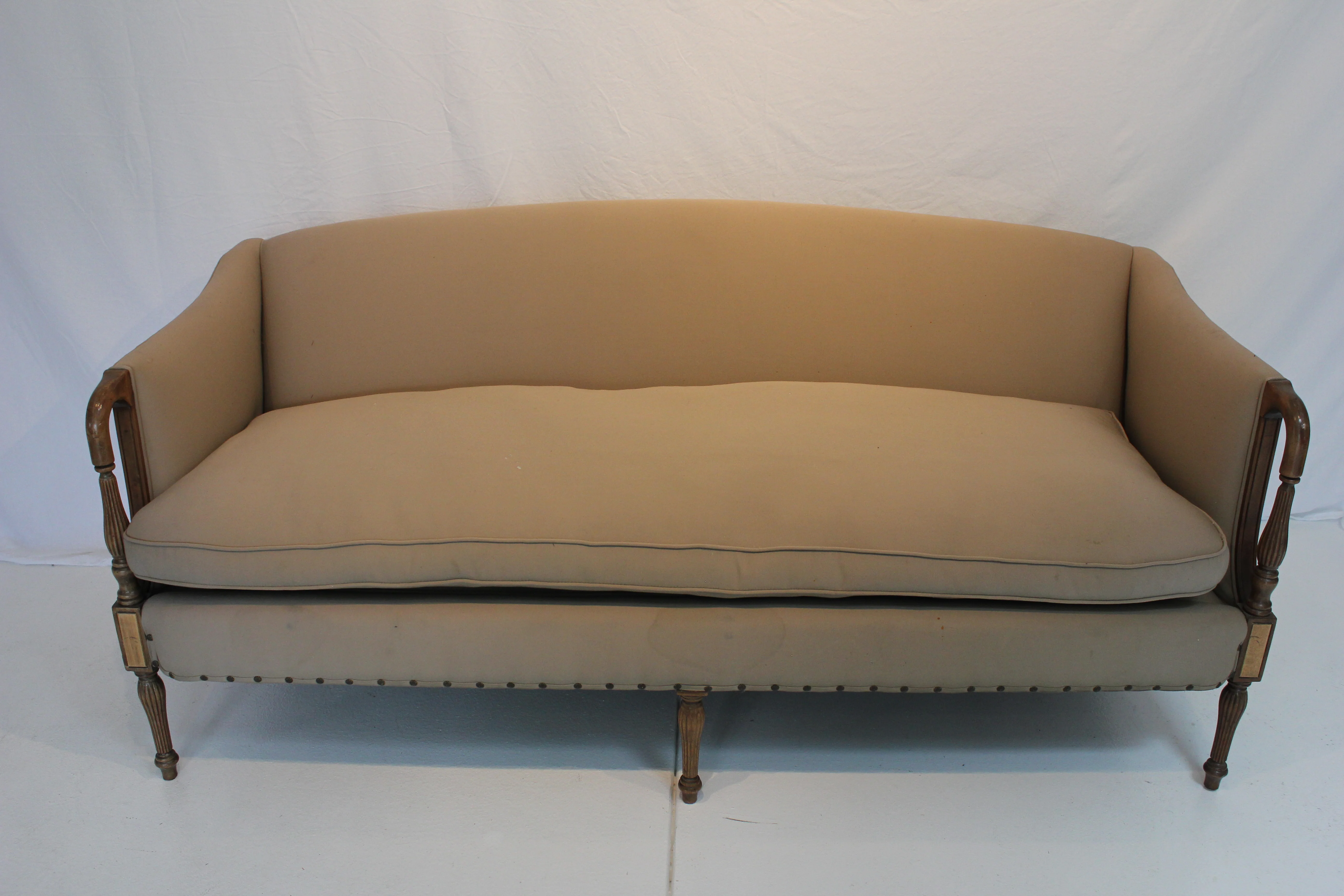 AF2-185: Antique English Sheraton Style Mahogany Inlay Sofa W/ Down Cushion Circa 1920 - Image 6