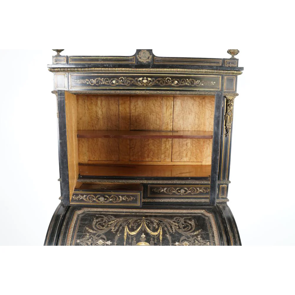 AF5-207: ANTIQUE MID 19TH CENTURY NAPOLEON III INLAID EBONIZED BUREAU À CYLINDRE - Image 5