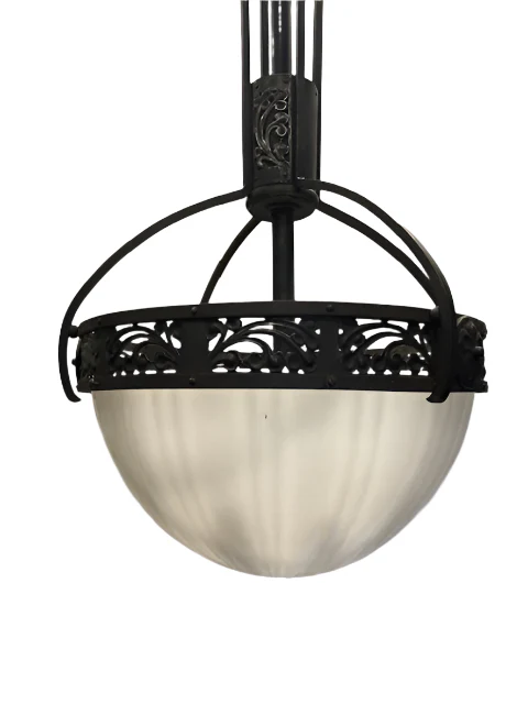 AL1-008: Antique Art Nouveau Milk Glass and Forged Iron Chandelier - Image 5