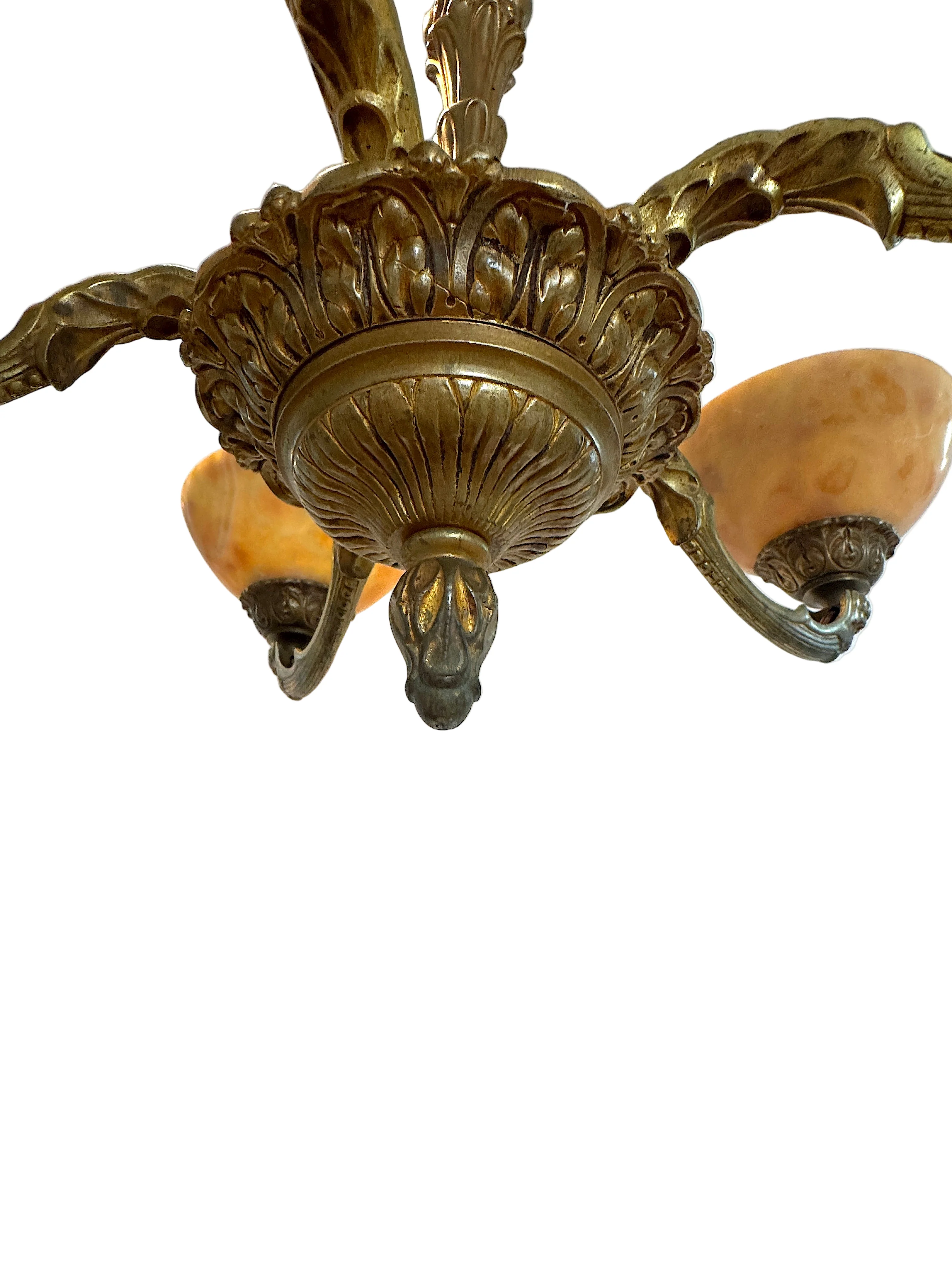 AL1-044: Antique European Five Light Fire Gilt Brass Chandelier with Alabaster Shades Circa 1900 - Image 3