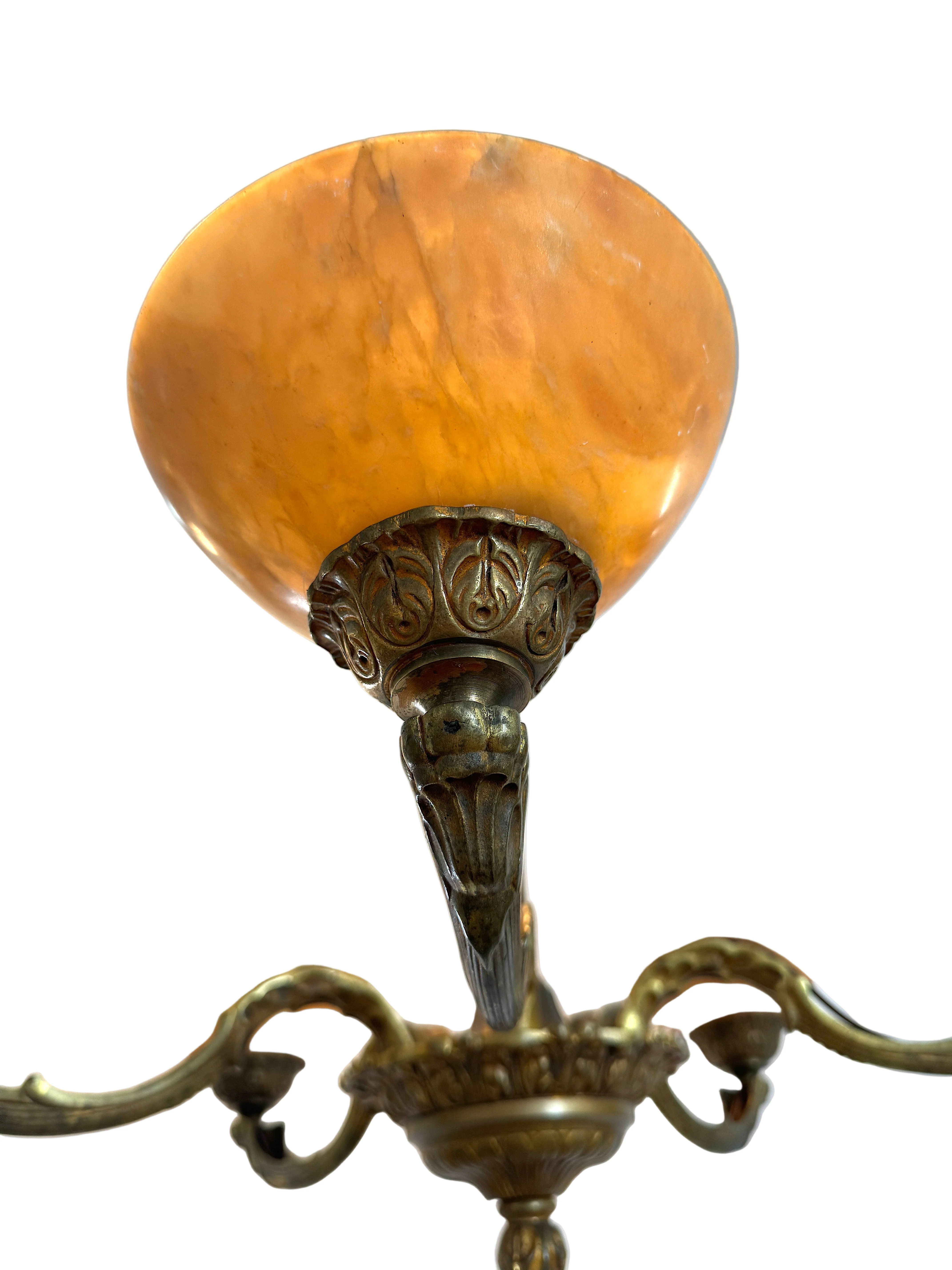 AL1-044: Antique European Five Light Fire Gilt Brass Chandelier with Alabaster Shades Circa 1900 - Image 4