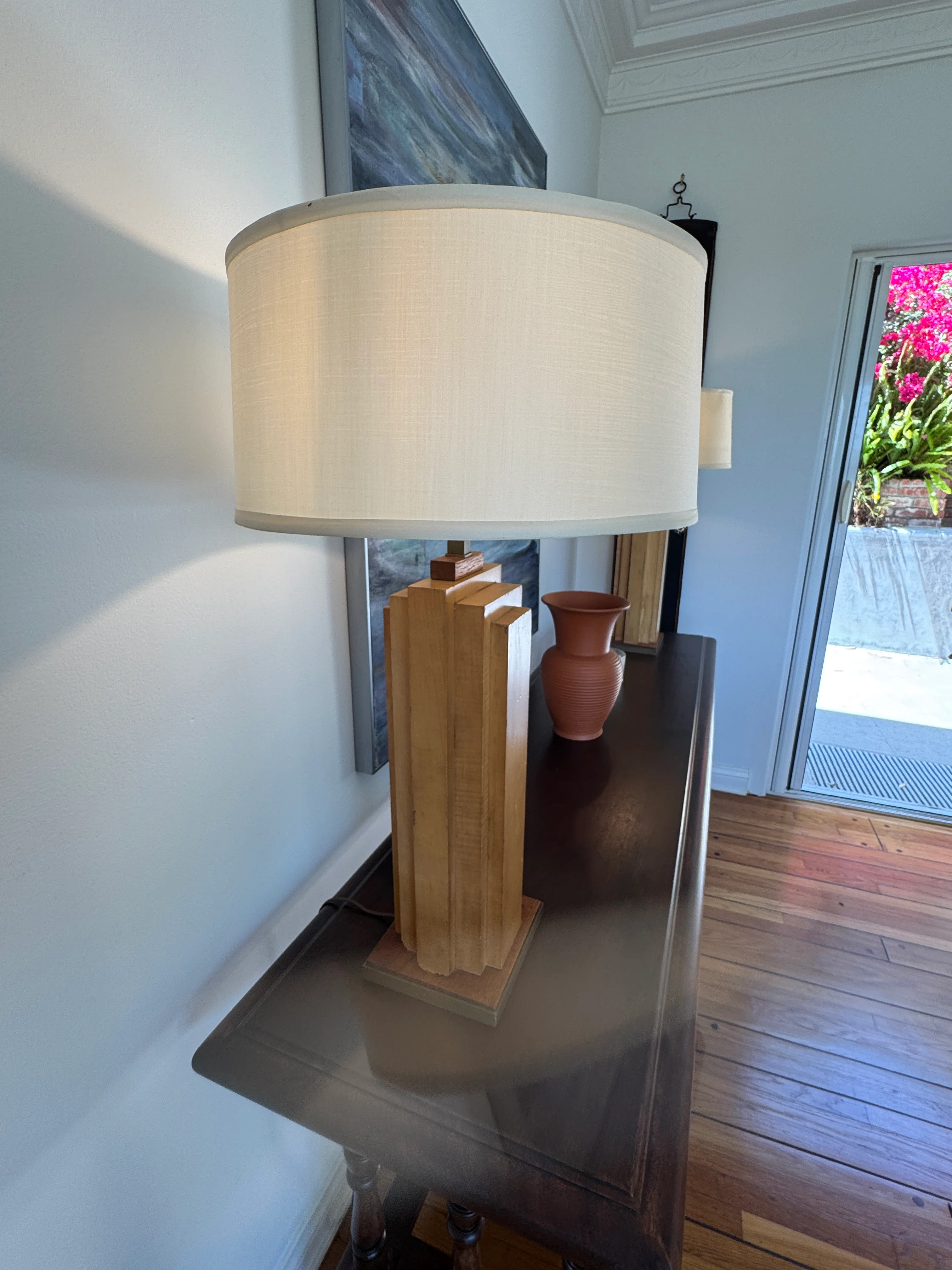 AL2-039: Antique Mid Century Modern Wood Skyscraper Art Deco Pair Table Lamps Circa 1940's - Image 3