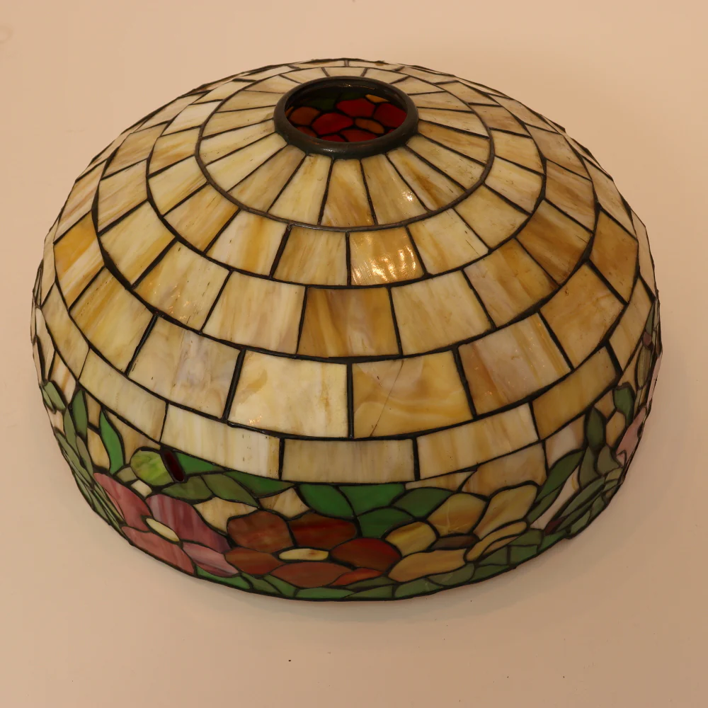 AL2-047: Antique Arts & Crafts Leaded Glass Peony Lamp Shade With Bronze Base - Image 14